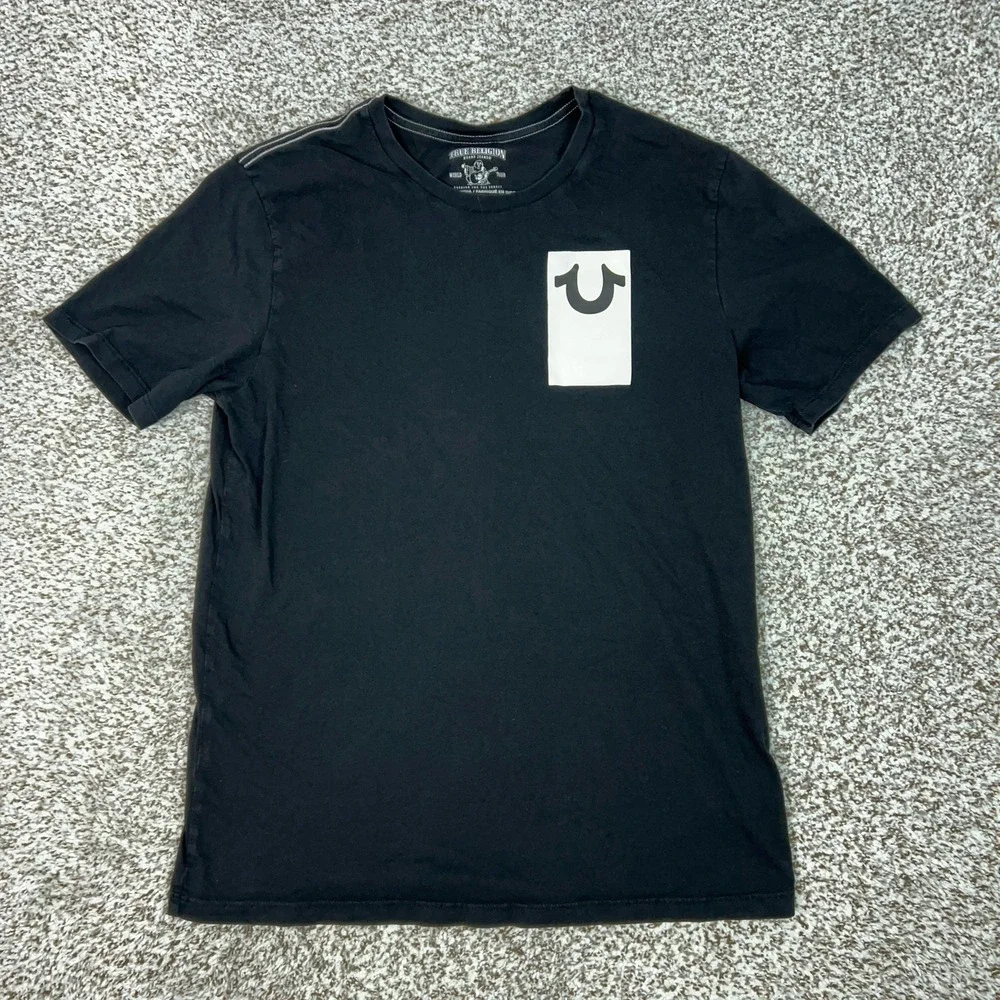 True Religion Shirt Mens Large Black Vertical Back Logo Graphic Tee T Top